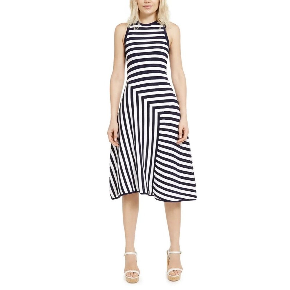 New Michael Michael Kors‎ True Navy White Mixed-Stripe Fit Flare Dress Sz L $225